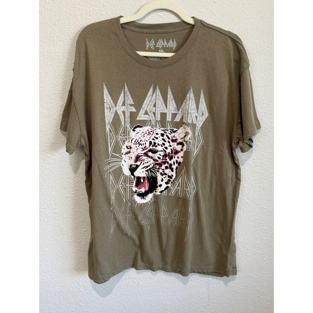 Def Leppard Leopard Graphic T‎ Shirt Green XXL Cotton Tiger Boho Streetwear